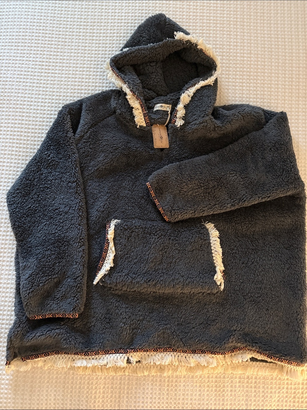 NATURAL LIFE Charcoal Sherpa Hoodie with Cream Fringe & Multicolor Trim
